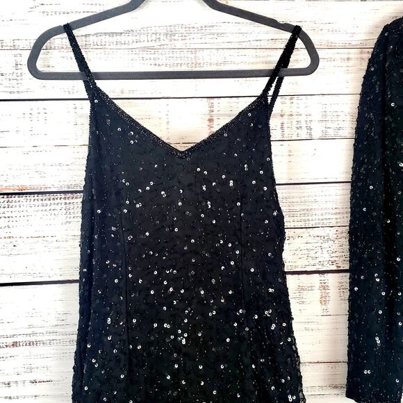 Vintage Formal Silk Black Sequin Beaded Dress Glam Event Gown Bolero Jacket Sz M - Picture 11 of 16